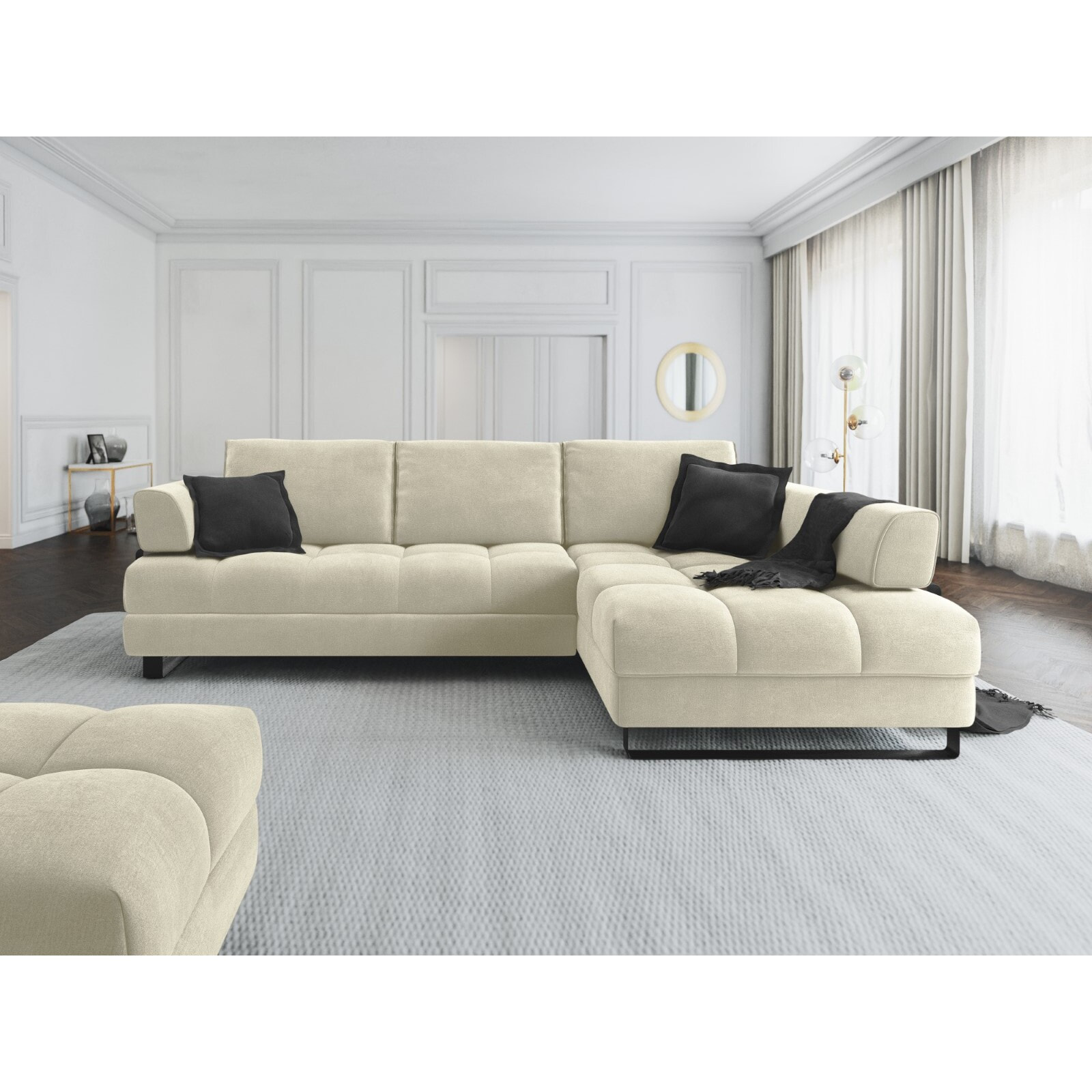 Canapé d'angle droit convertible avec coffre de rangement "Clinton" 5 places en velours beige clair