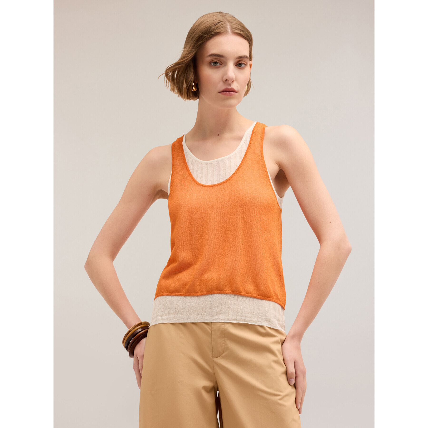 Motivi - Top en tejido de punto con camiseta de tirantes en canalé - Naranja sol