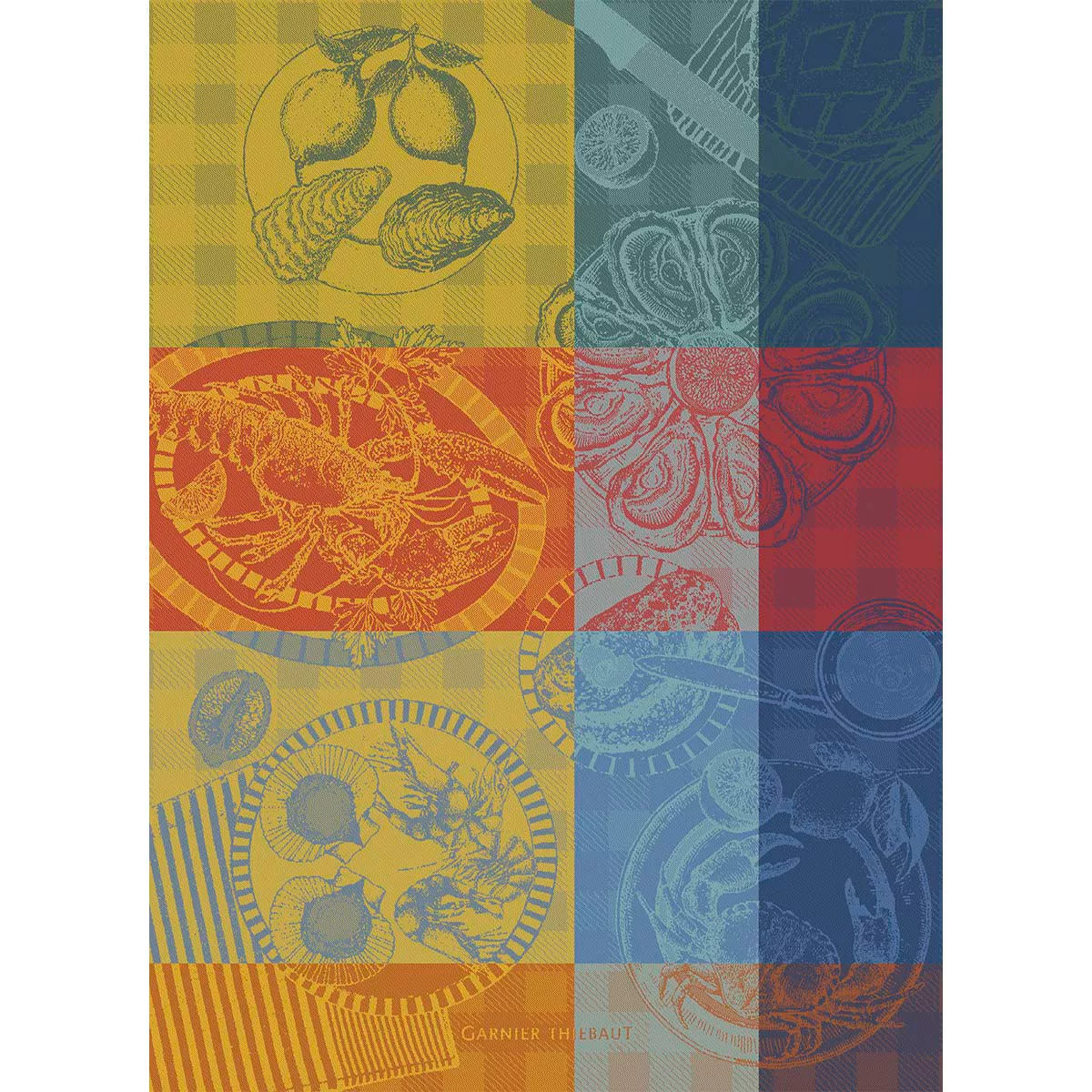 Torchon pur coton motif jacquard bleu jaune Sea food citronne