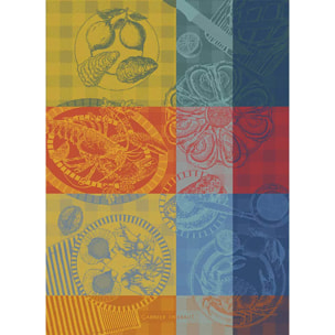 Torchon pur coton motif jacquard bleu jaune Sea food citronne