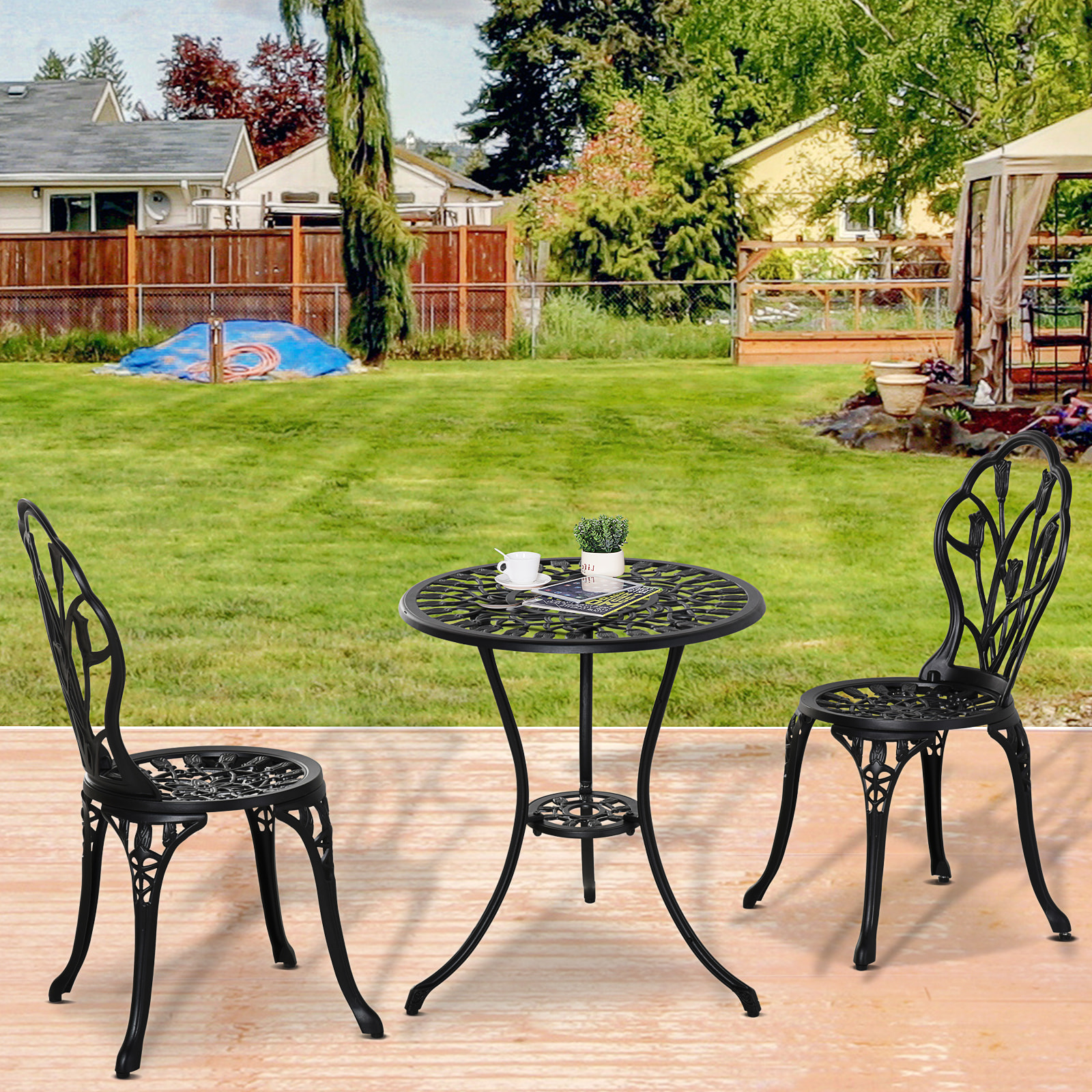 Conjunto de Mesa y Sillas de Terraza Exterior de 3 Piezas Muebles de Jardín de Aluminio con Respaldo con Patrón de Tulipán y Mesa con Orificio para Sombrilla Negro
