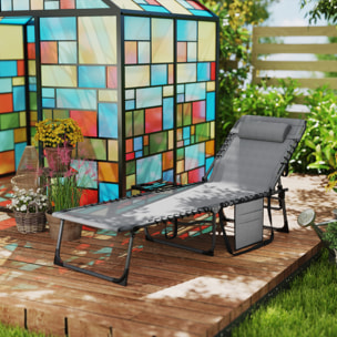 Tumbona Plegable, Tumbona Jardín Exterior con Respaldo Ajustable, Reposacabezas, Bolsillo Lateral, Bandeja y Estructura de Acero, Carga 120 kg para Terraza Piscina Playa, 190x60x31 cm, Gris