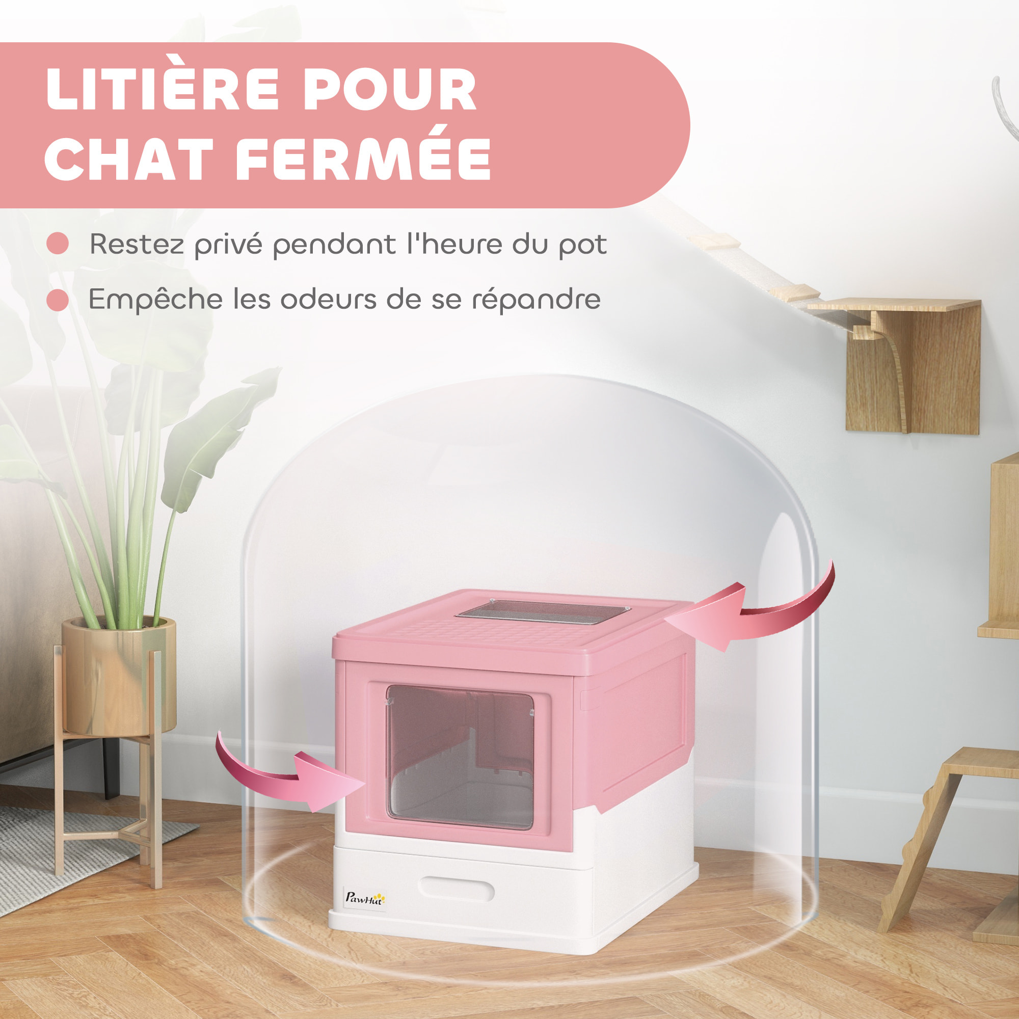 Maison de toilette pliable pour chat - tiroir à litière coulissant, porte battante et trappe transparente, pelle - blanc rose