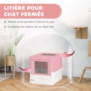 Maison de toilette pliable pour chat - tiroir à litière coulissant, porte battante et trappe transparente, pelle - blanc rose