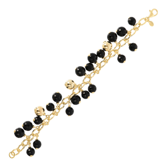 Bracciale Catena Rolo Martellata in Argento 925 placcato Oro Giallo 18kt con Ciondoli in Onice Nero Sfaccettato