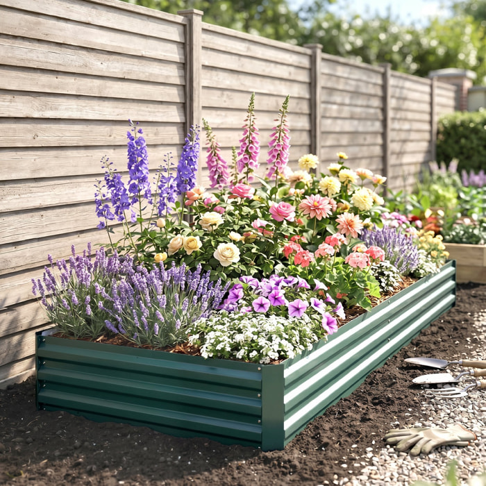 Carré potager de jardin dim. 241L x 90l x 30H cm tôle d'acier ondulée vert foncé