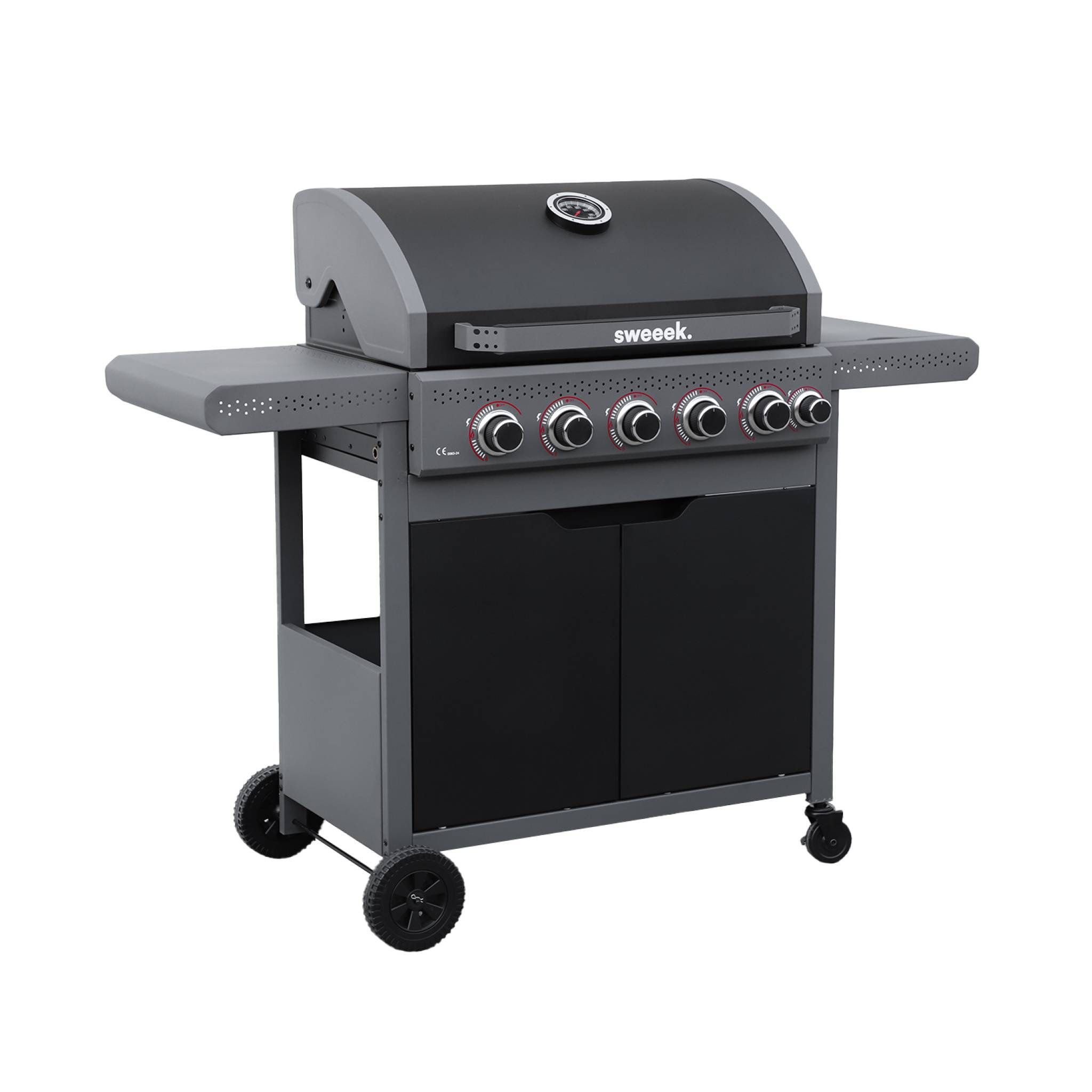 Barbecue au gaz Edmond noir - 5 brûleurs + 1 feu latéral. avec thermomètre. L 132x P62 x H143 cm