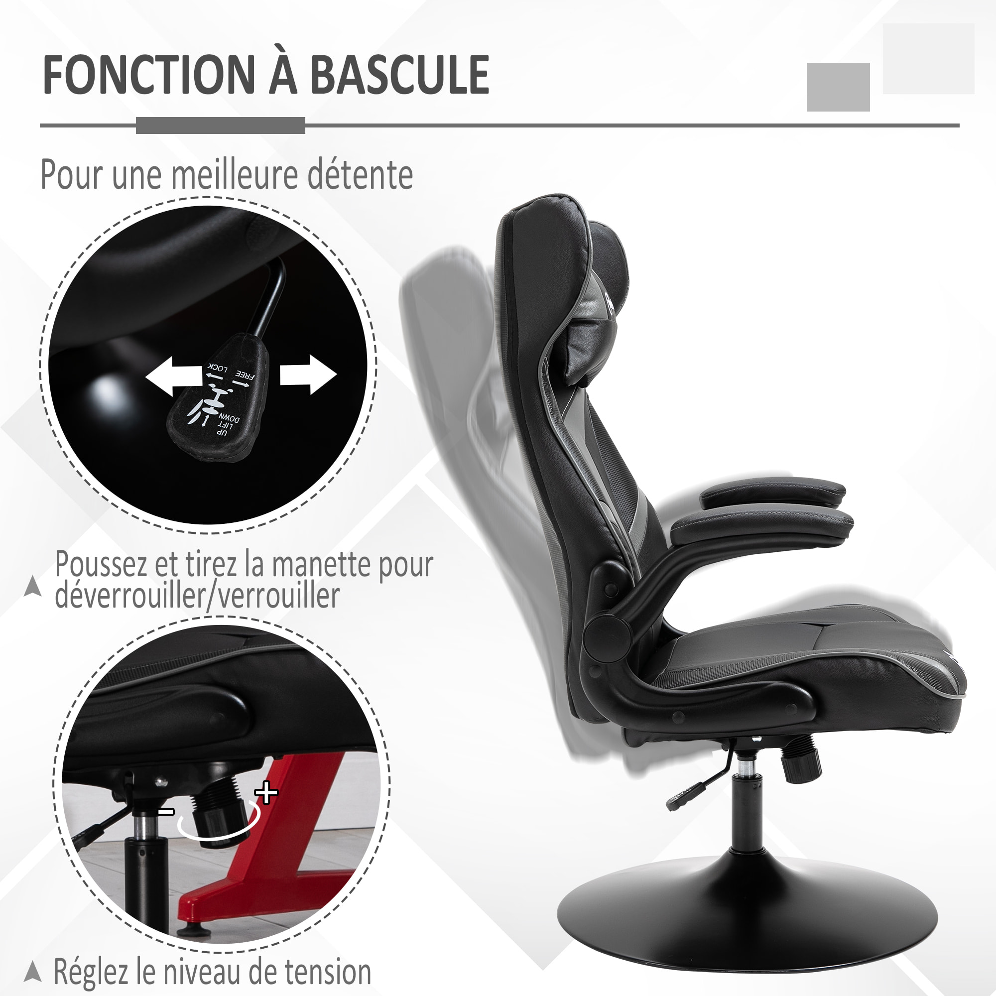 Fauteuil gaming base ronde métal pivotante 360° hauteur réglable tétière accoudoirs relevables PVC gris noir