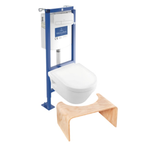 Pack WC suspendu sans bride Architectura 37 x 53 + abattant + plaque blanche + bâti  + Tabouret bois