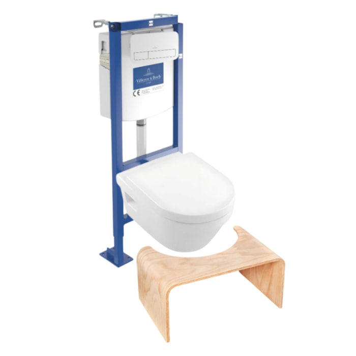 Pack WC suspendu sans bride Architectura 37 x 53 + abattant + plaque blanche + bâti  + Tabouret bois