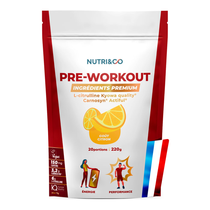 Nutri&Co Pré-Workout en Poudre avec L-Citrulline, Carnosyn & Caféine - 220g Vegan