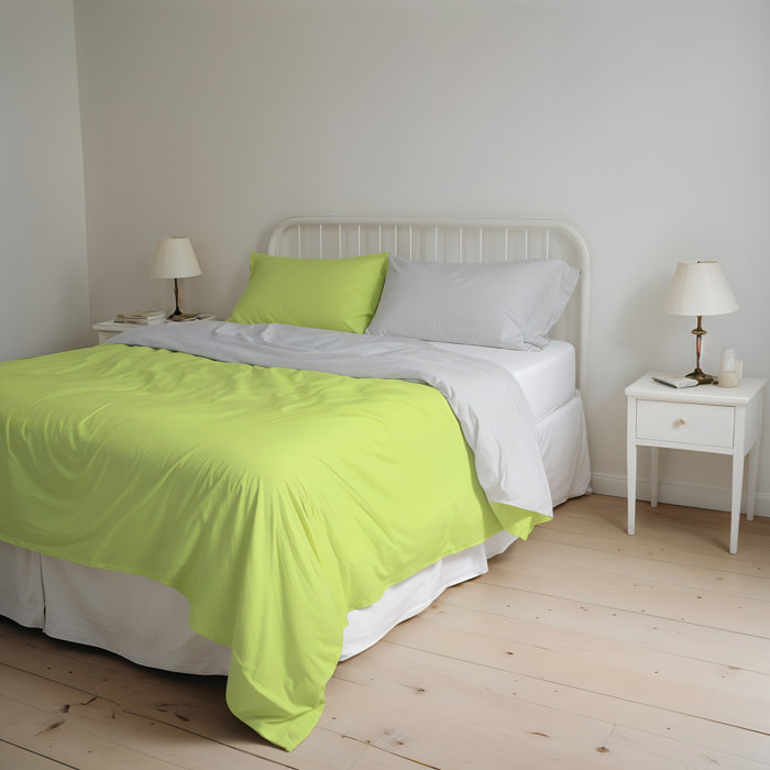 PARURE COPRIPIUMINO NATURAL COLOR, 100% Cotone, Made in Italy - VERDE ACIDO/GRIGIO CHIARO