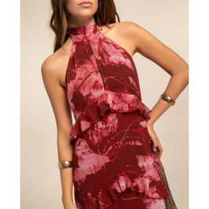 Vestido midi sin mangas con cuello chimenea y volantes