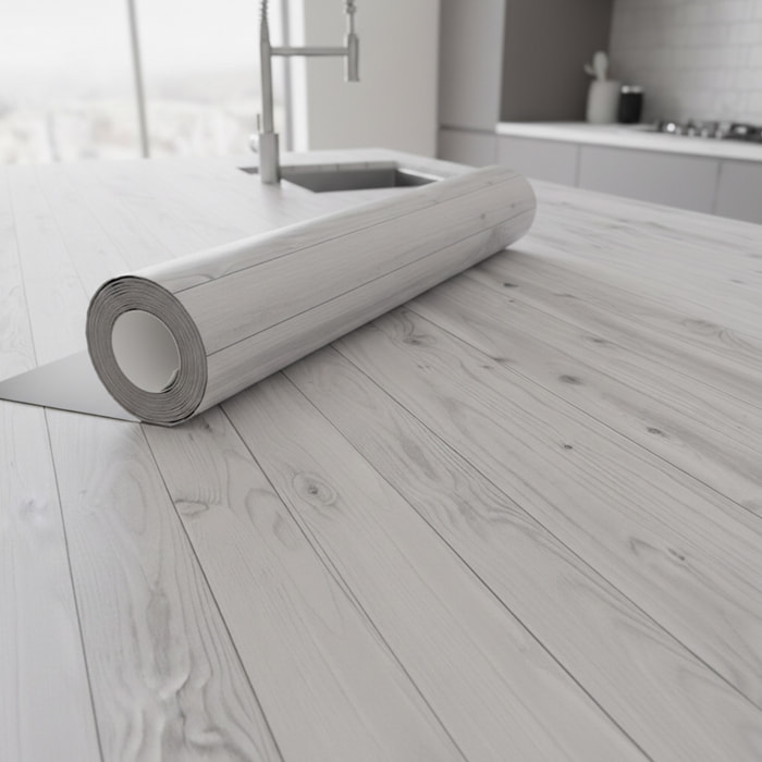 Rouleau adhésif bois blanc-gris au mètre - Autocollants Revêtement Adhésif Cuisine Meubles Salle de bain