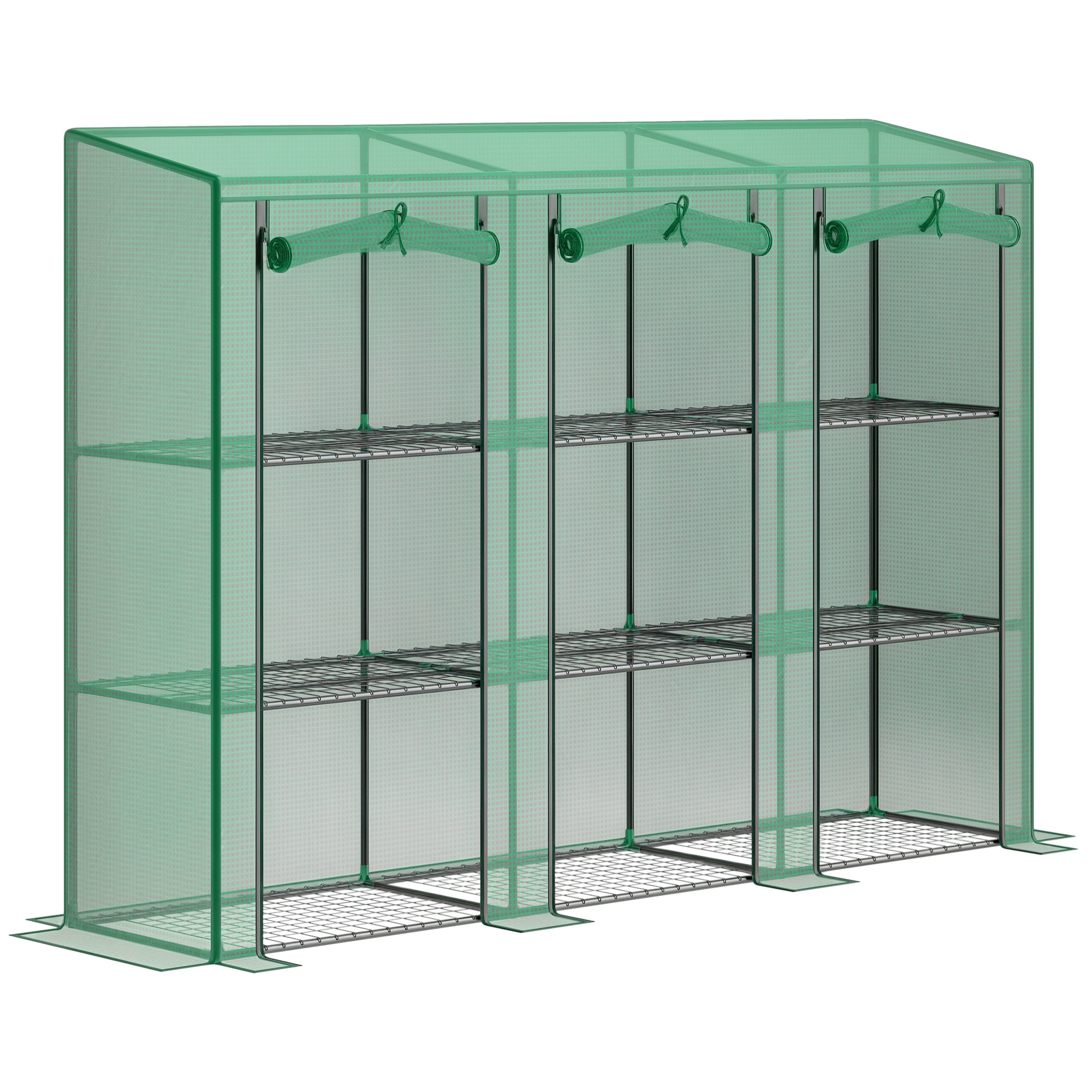 Invernadero de Exterior de 3 Niveles Invernadero de Jardín con 9 Estantes Puerta Enrollable con Cremallera Marco de Acero Cubierta de PE 140g/m² Anti-UV para Terraza Patio 215x46x151cm Verde