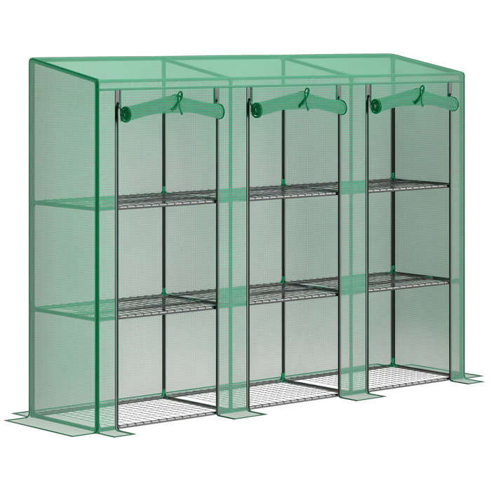 Invernadero de Exterior de 3 Niveles Invernadero de Jardín con 9 Estantes Puerta Enrollable con Cremallera Marco de Acero Cubierta de PE 140g/m² Anti-UV para Terraza Patio 215x46x151cm Verde