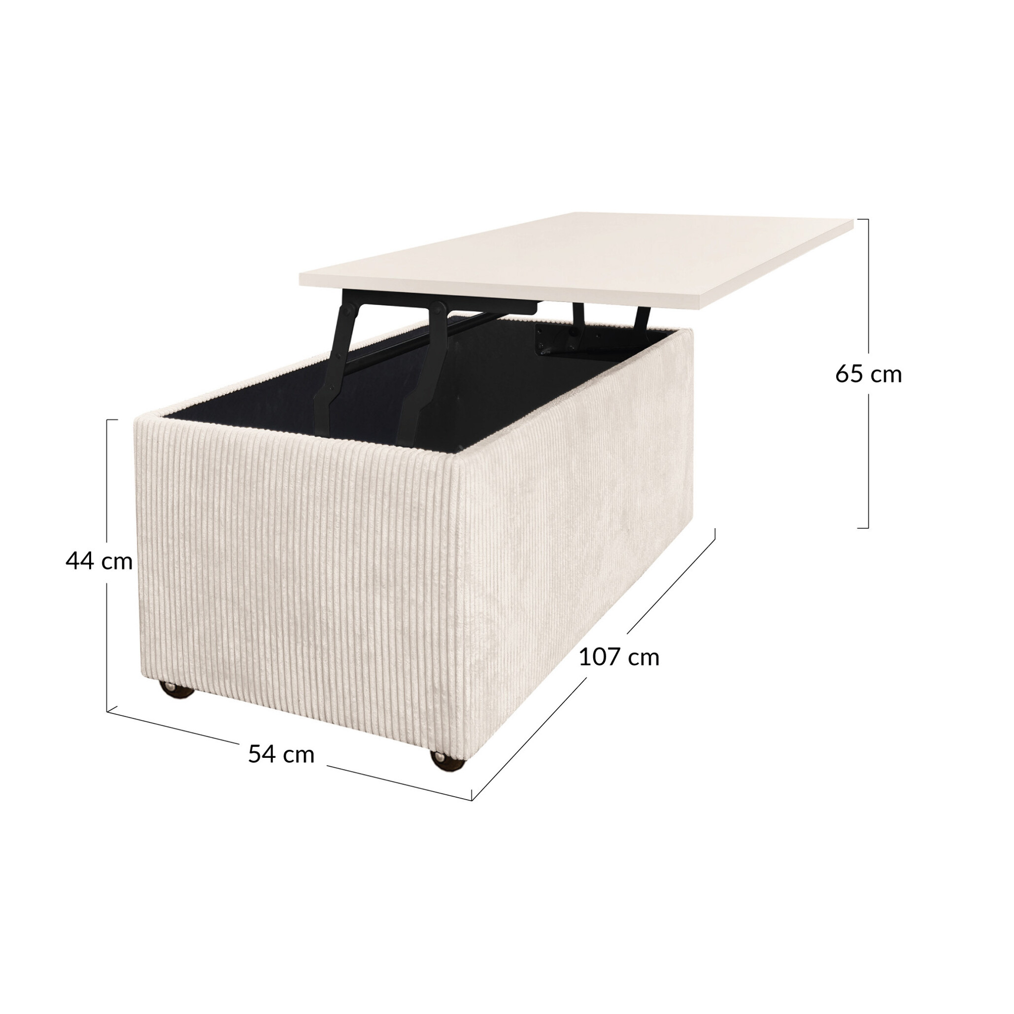 Pirae - table basse avec plateau relevable et coffre - en velours côtelé - 107 cm - Beige