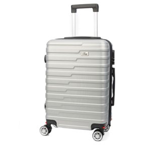 DAM Valigia da cabina Trolley in materiale leggero ABS ad alta resistenza. Chiusura numerica e 4 ruote doppie estraibili e ruotanti a 360°. 37x24x56 cm. Colore: Argento