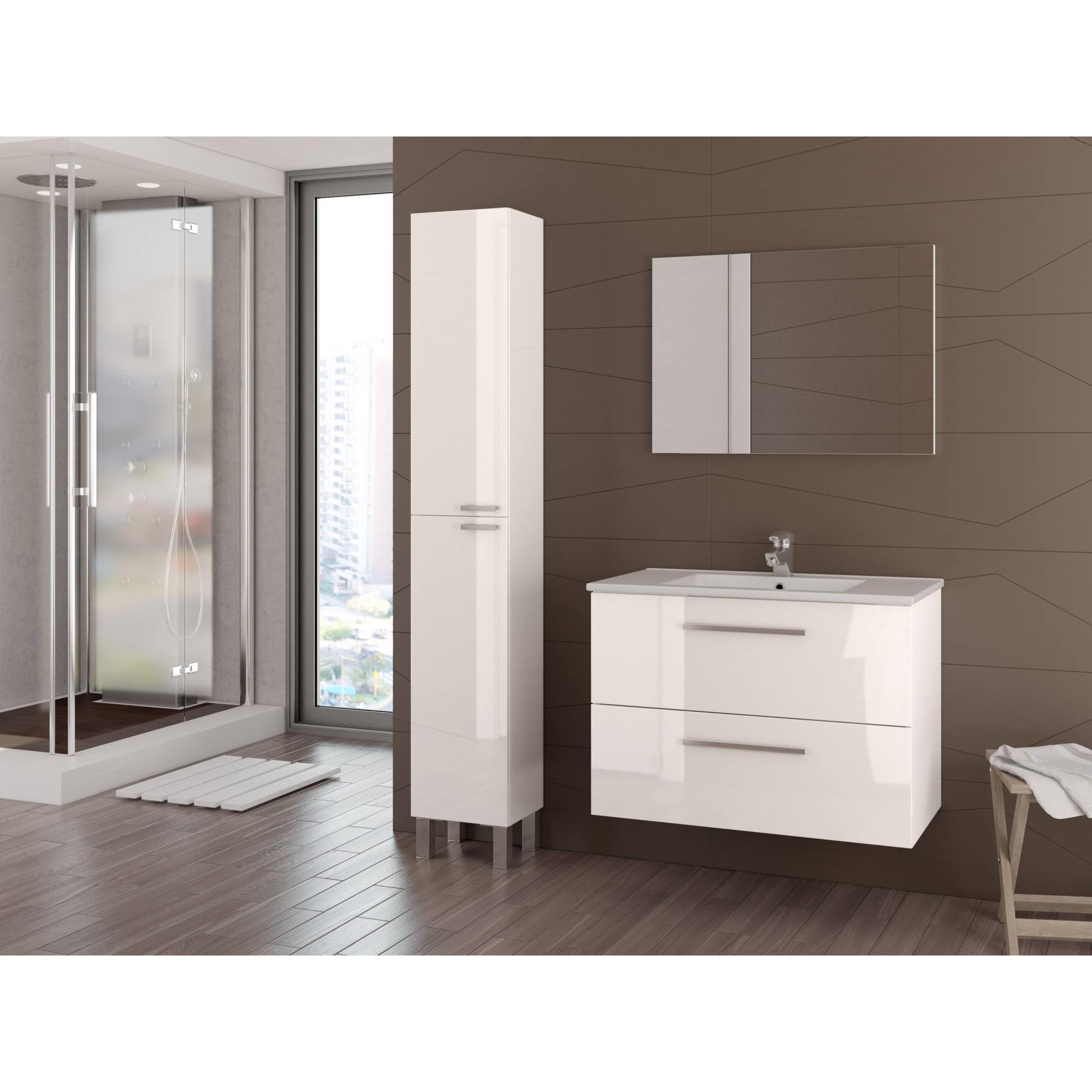 Mobile sottolavabo Inglewood, Mobiletto per bagno sospeso, Armadio a 2 cassetti e specchio, cm 80x45h57, Bianco lucido