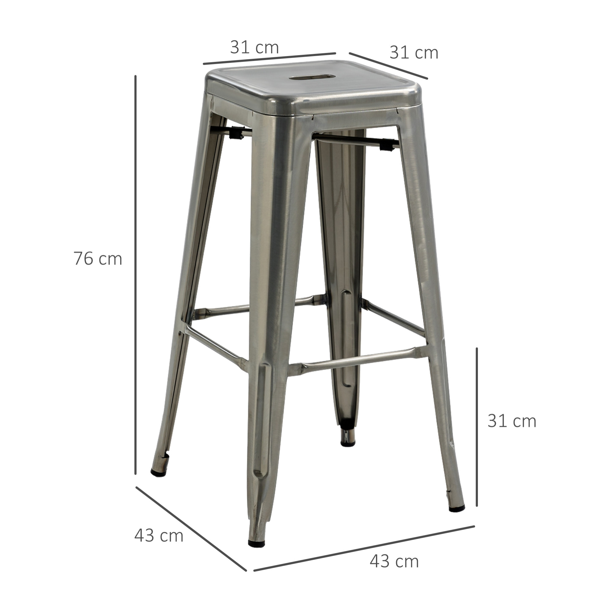 Lot de 4 tabourets de bar industriel empilables hauteur assise 76 cm métal argenté