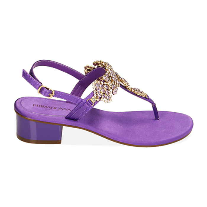 Sandali infradito viola in raso, tacco 3,5 cm