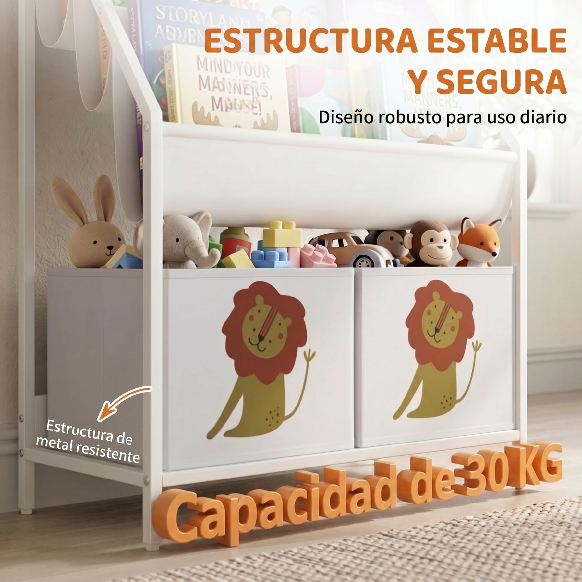 AIYAPLAY Librería Infantil de 4 Niveles Estantería para Libros Montessori con 3 Estantes 2 Cajones de Tela con Diseño de León para Sala de Juegos Dormitorio Guardería para Niños de Altura 76 cm Blanco