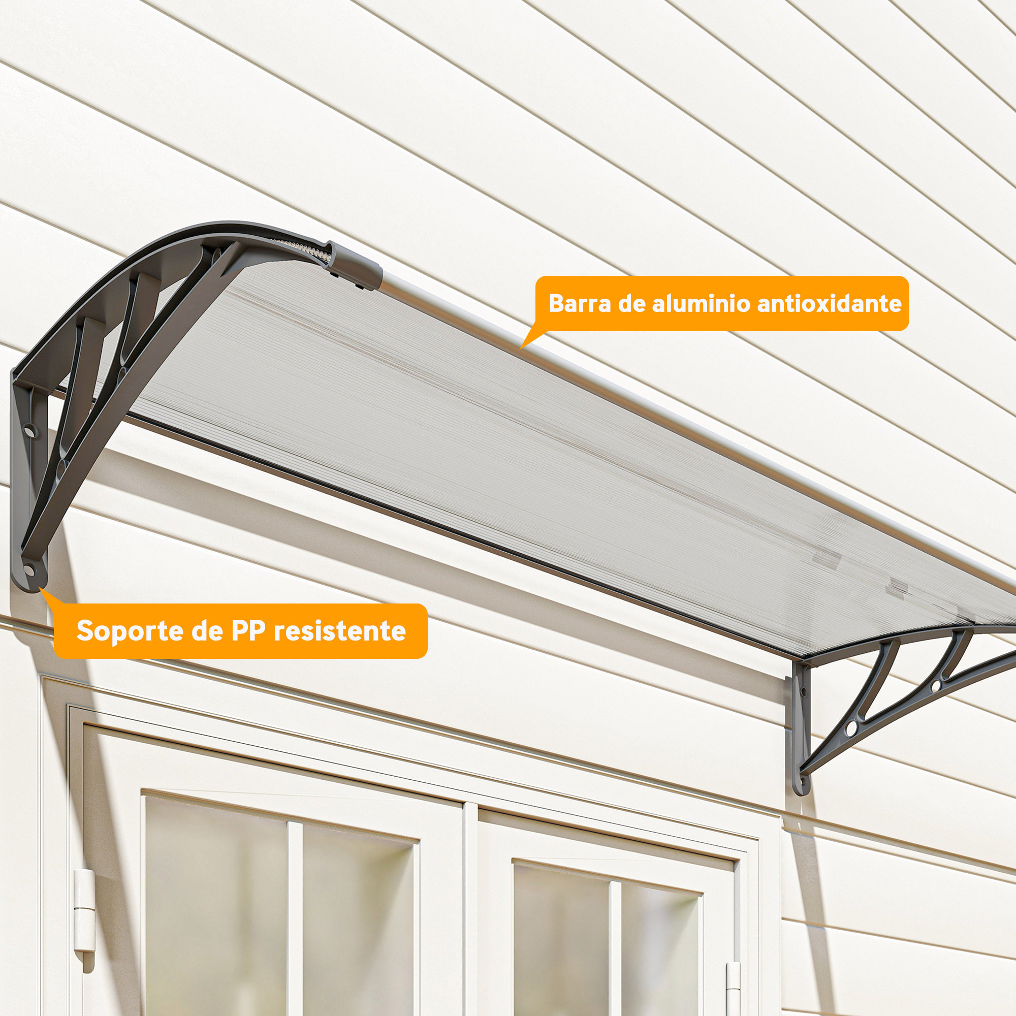 Marquesinas Exterior para Puertas y Ventanas, 110x60 cm, Tejadillo de Protección contra Sol y Lluvia, con Cubierta de Policarbonato, Soportes de PP y Regleta de Aluminio, Gris y Transparente