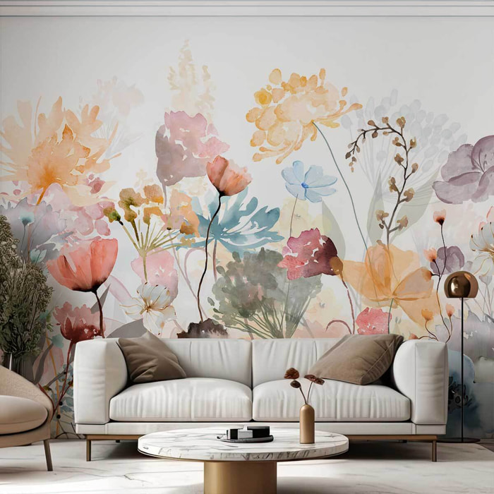 Papier peint panoramique Jardin Flottant  et  Fleurs Pastel  Intissé