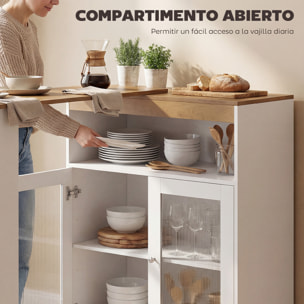 Mesa de Bar Extensible y Giratoria 90°, Mesa Alta Cocina con Estantes Abiertos y 2 Puertas de Vidrio para Comedor, 150x80x105,5 cm, Blanco y Natural