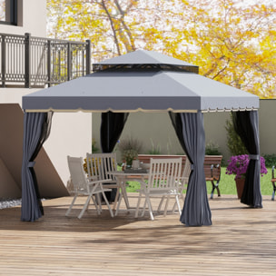 Conjunto de Cenador Incluye 1 Cenador de Jardín 4x3 m con 4 Cortinas Laterales 4 Mosquiteras y 1 Techo de Repuesto 4x3 m para Fiestas Eventos Exterior Gris y Crema