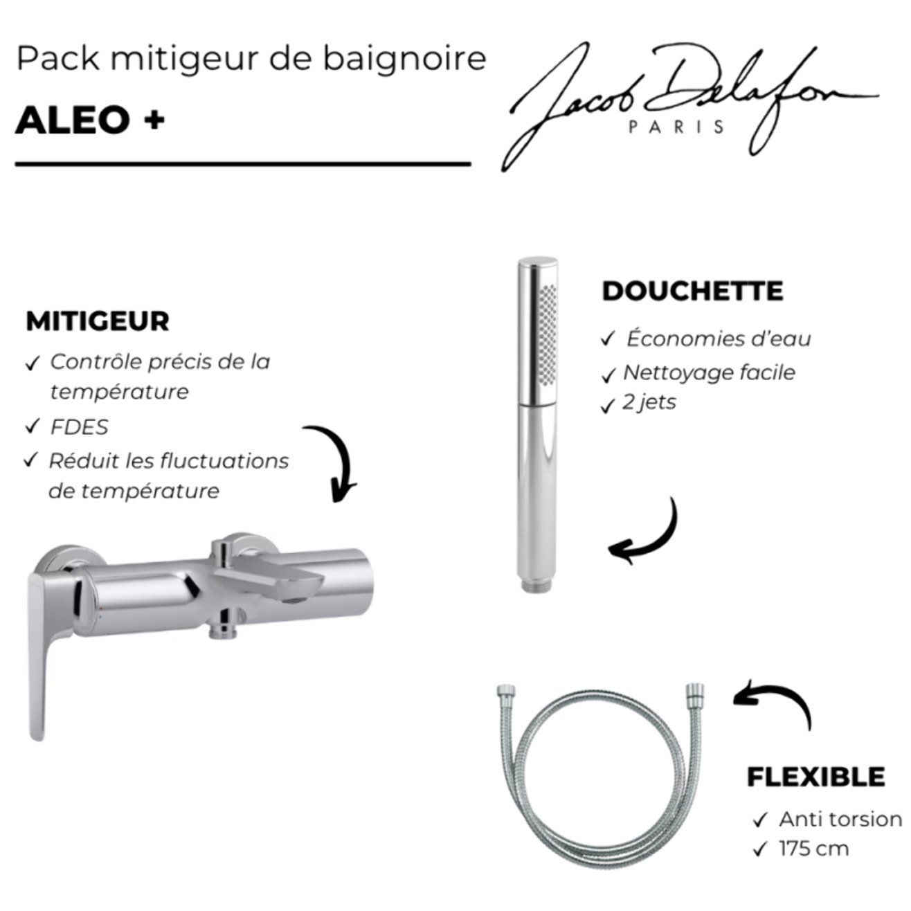 Pack mitigeur bain douche Aléo+ + douchette Shift Ellipse + flexible à écrou 175 cm