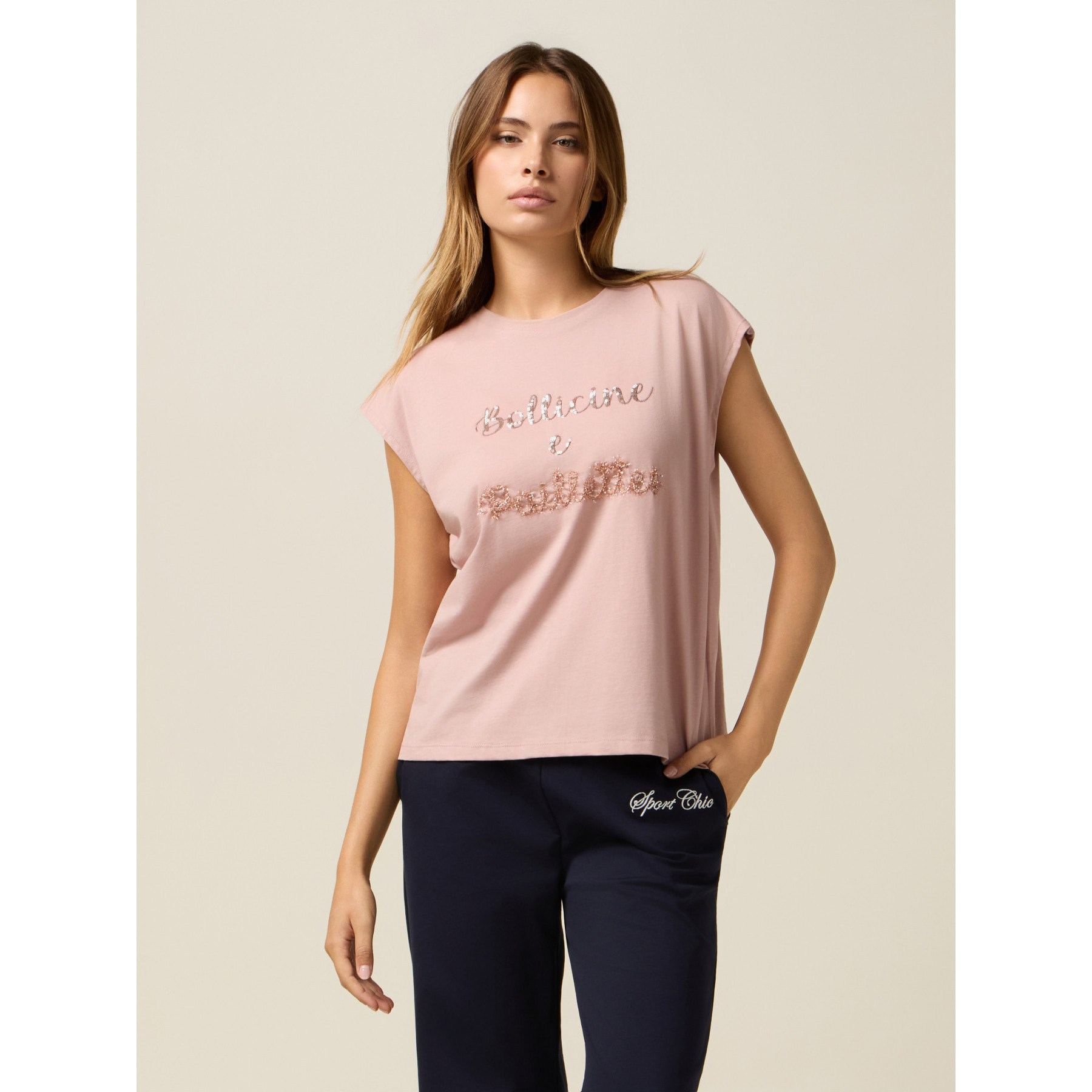 Oltre - T-shirt in jersey con ricamo lettering - Rosa