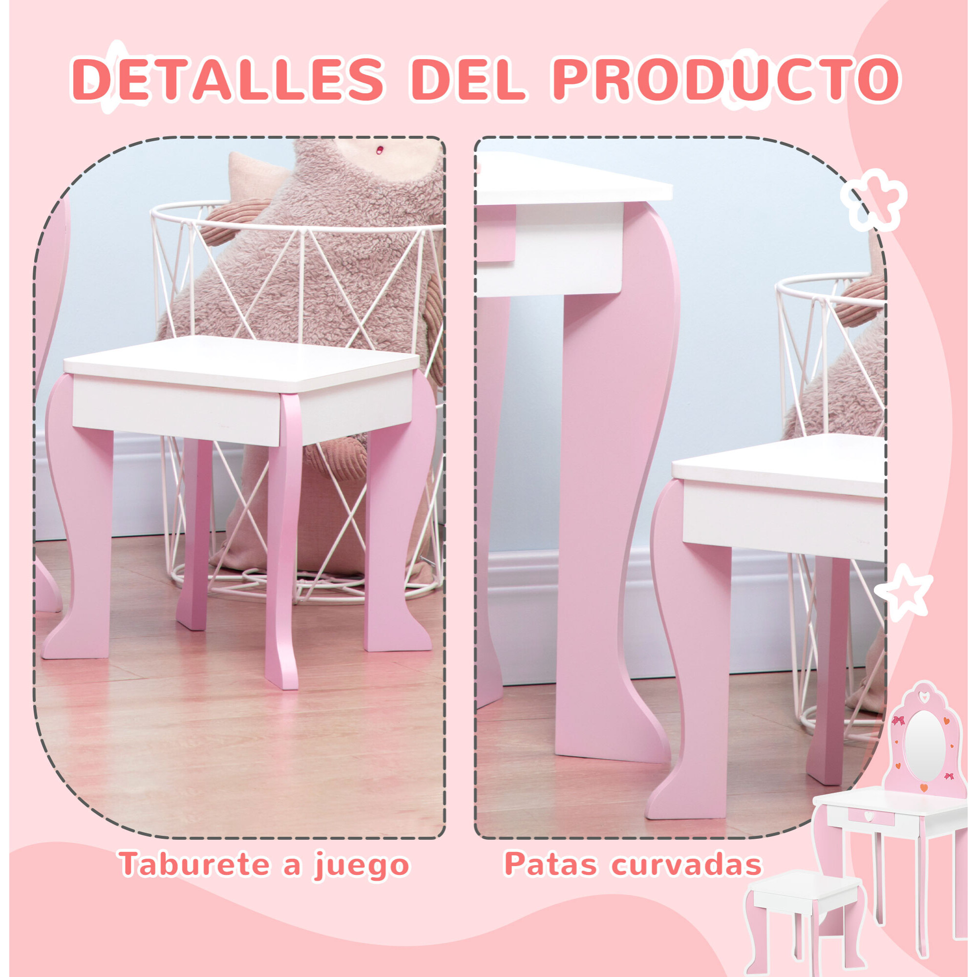 Tocador Infantil Madera para Niñas 3-6 Años con Taburete y Espejo 50x36,5x89,5cm