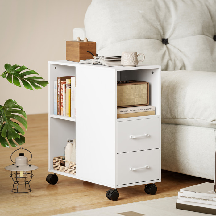 HOMCOM Mueble para Impresora con Ruedas, Mesa para Impresora con 2 Cajones, Estante Ajustable, 3 Compartimentos Abiertos para Documentos Tamaño A4, Carta, Archivador Móvil para Oficina en Casa, Blanco