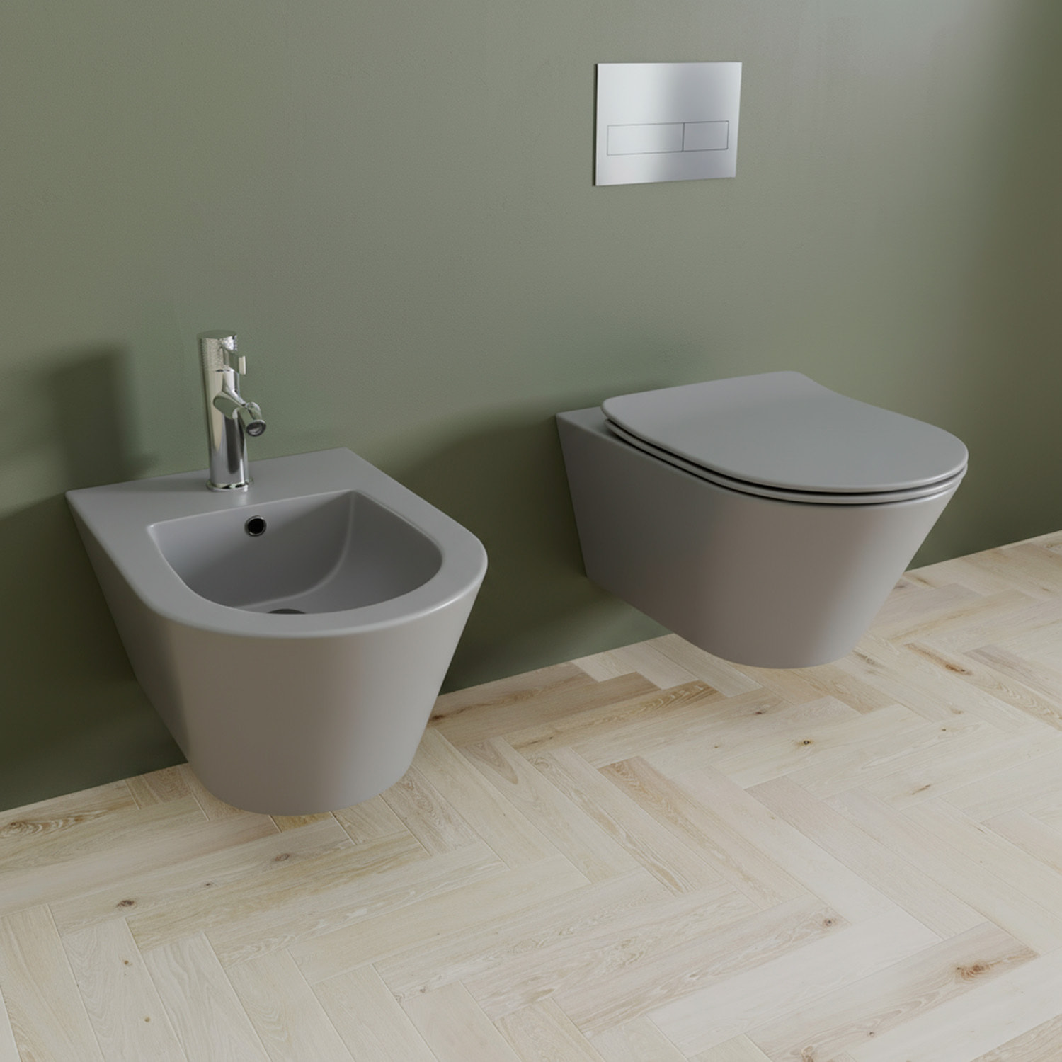 Coppia Sanitari Sospesi Vaso WC Rimless Con Tornado Flush E Bidet Sospeso Moderno Tondo In Ceramica Con Copriwater Chiusura Soft Close Grigio Opaco
