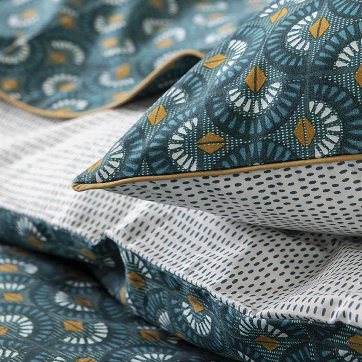 Taie d'oreiller imprimée en percale de coton, ECLIPSE, Bleu Émeraude