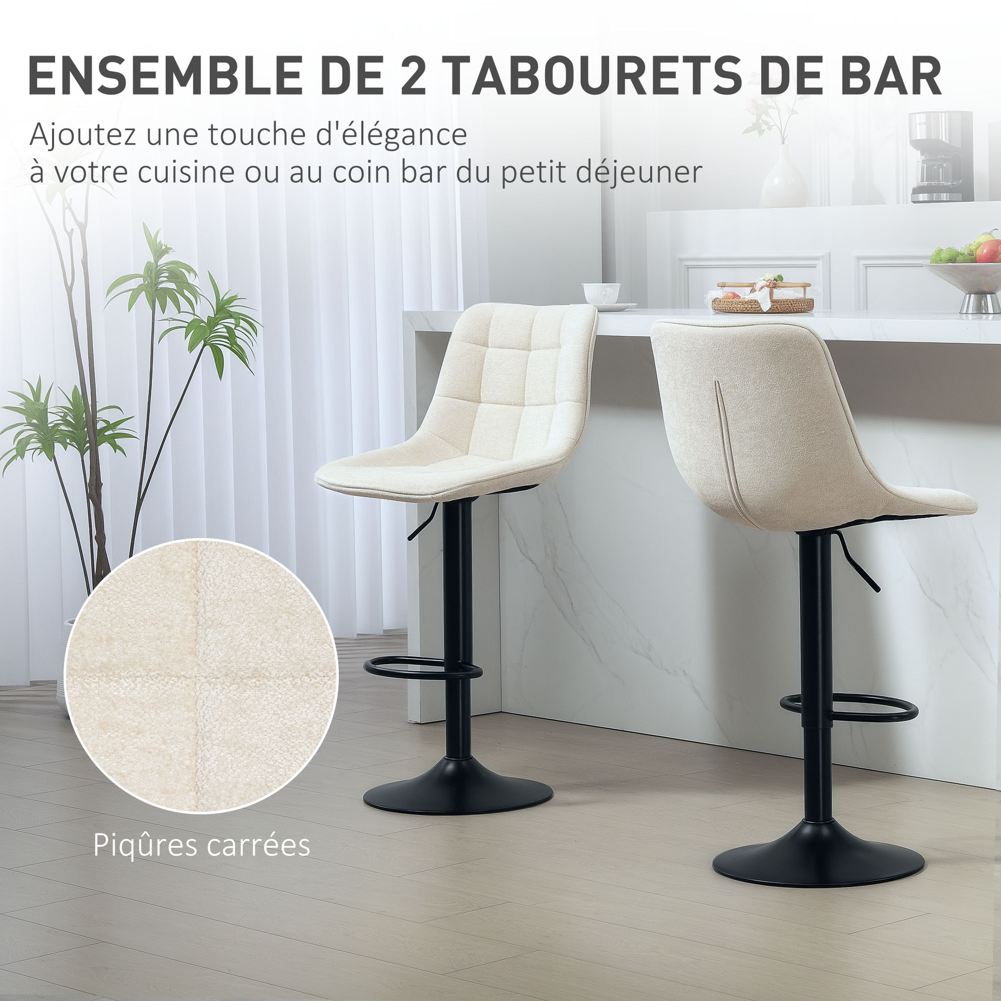 Lot de 2 tabourets de bar design pivotant réglable tissu matelassé finition chenille beige