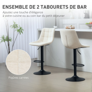 Lot de 2 tabourets de bar design pivotant réglable tissu matelassé finition chenille beige