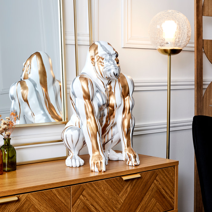 Statue Gorille Blanc Coulure Dore Argente H45cm