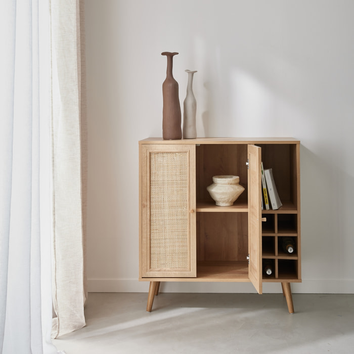 Buffet range bouteilles décor bois et cannage 83cm BOHÈME