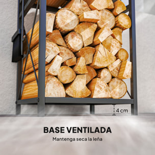 Estante de Leña Metálico de Chimenea, Soporte para Leña de 2 Niveles, Leñero Exterior con 4 Herramientas, Ganchos y Base Elevada, para Interior y Exterior, 34x30x80 cm, Negro