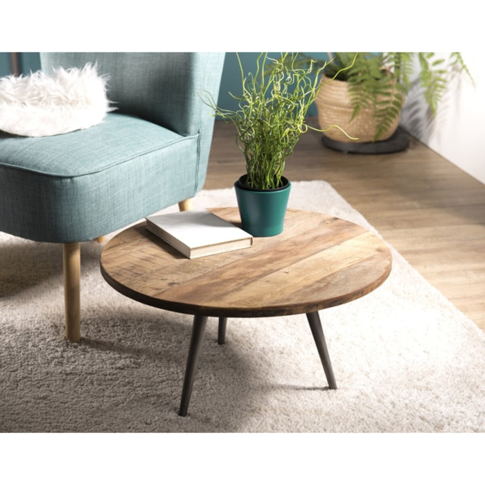 SIXTINE - Table basse d'appoint marron ronde 55x55cm teck recyclé pieds métal