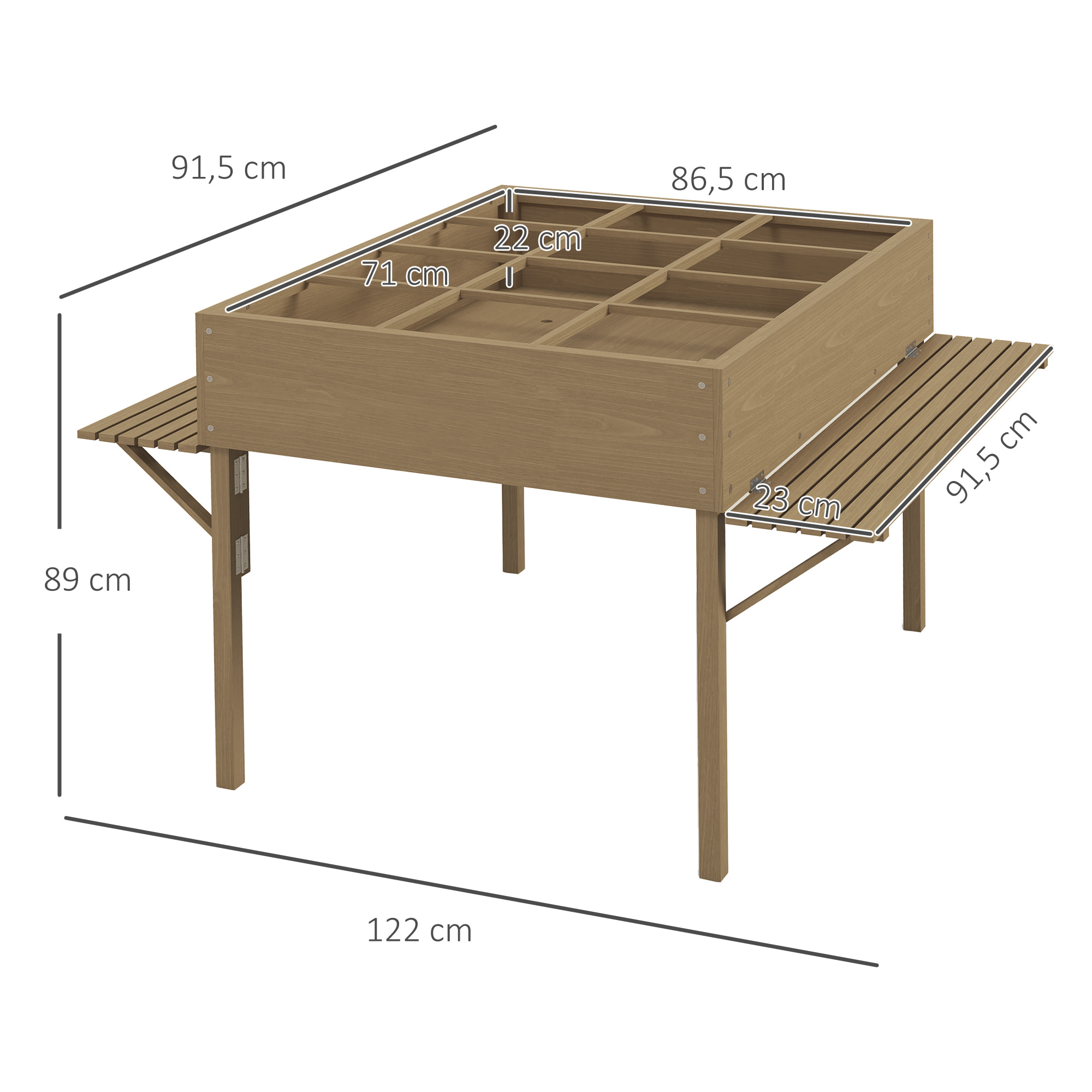 Jardinière rectangulaire sur pied - 12 compartiments, tablettes latérales rabattables - bois de sapin