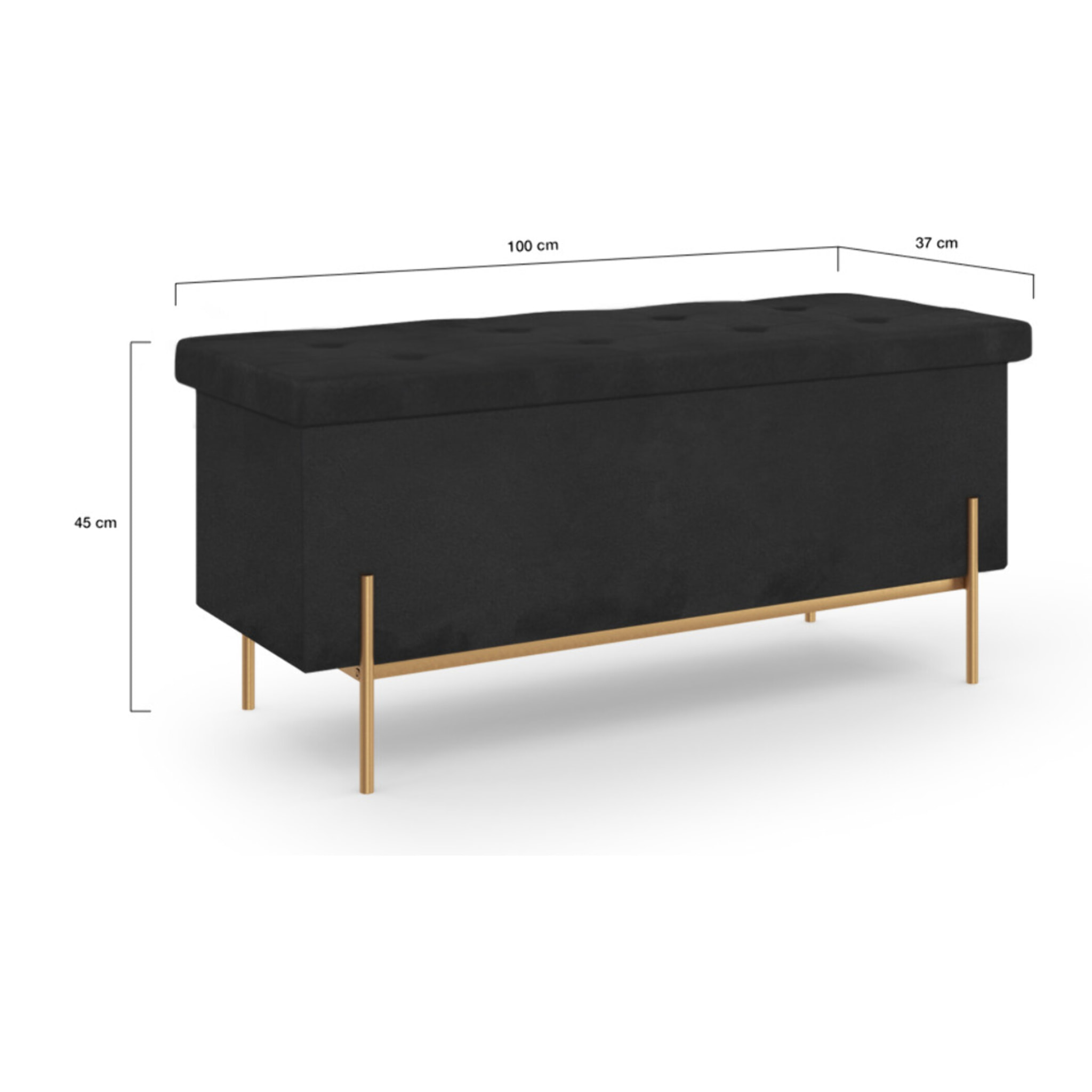 Banc coffre avec pieds dorés Loan en velours noir 100cm