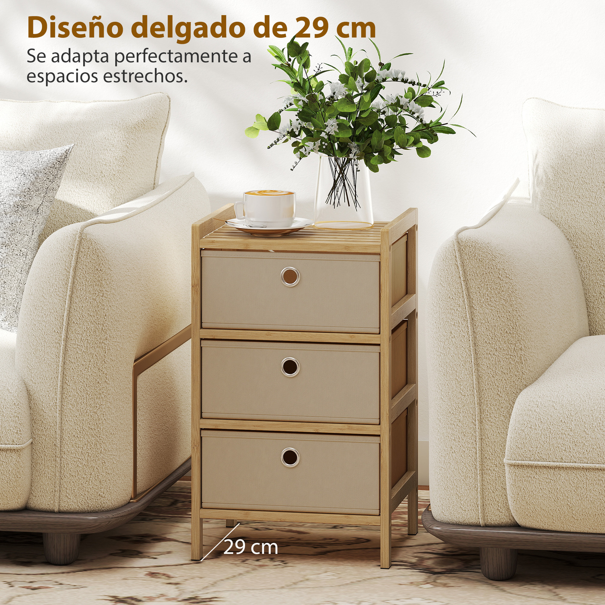 Cómoda con 3 Cajones de Tela, Cómoda para Dormitorio de Bambú, Cajonera para Espacios Pequeños, Salón, Oficina, Vestidor, Crema y Natural