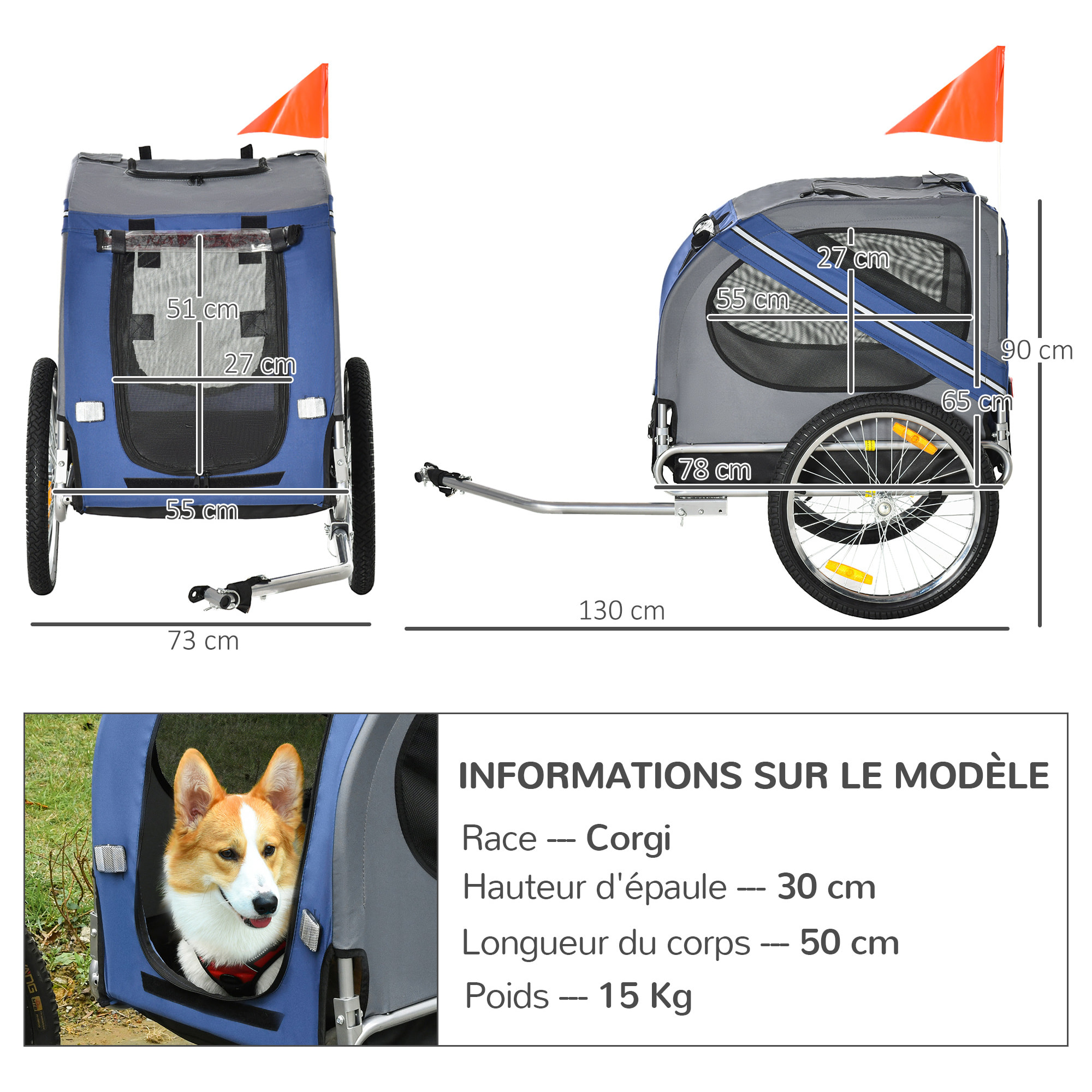 Remorque vélo pour chien animaux pliable barre attelage inclus