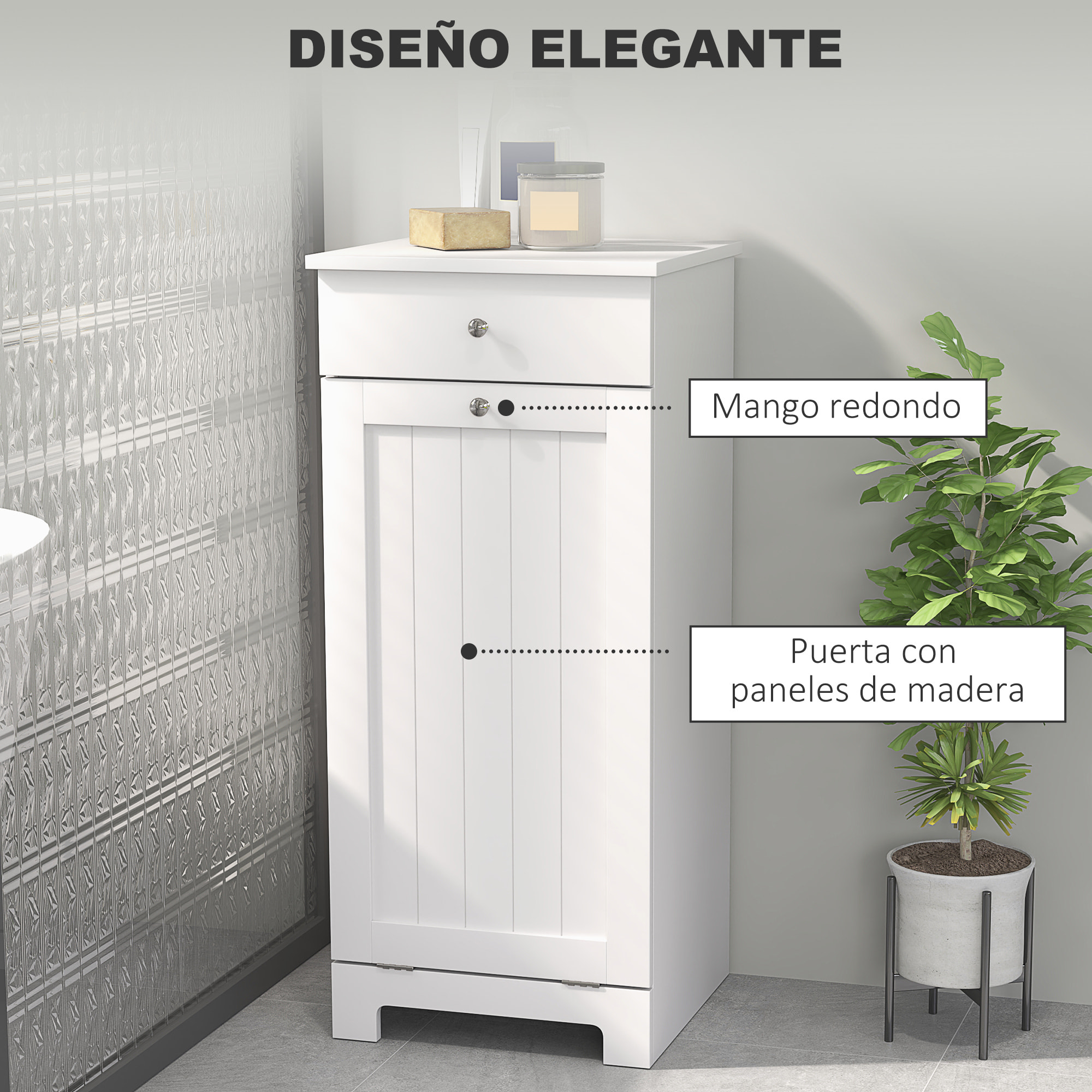 Armario de Baño con Cesto Ropa Sucia Abatible, Mueble Ropa Sucia con Bolsa de Tela Plegable y Cajón, Ideal para Lavandería, Blanco, 40x38x90 cm