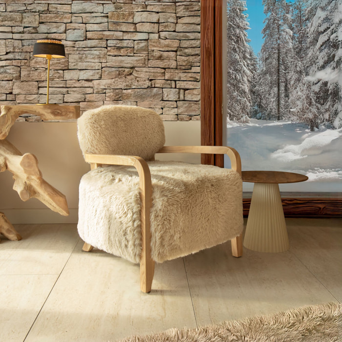 Fauteuil effet fourrure beige et structure en bois  YACK