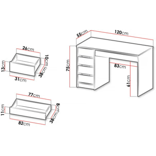 Bureau en bois 5 tiroirs "Malika" - 120 x 75 x 55 cm - Blanc