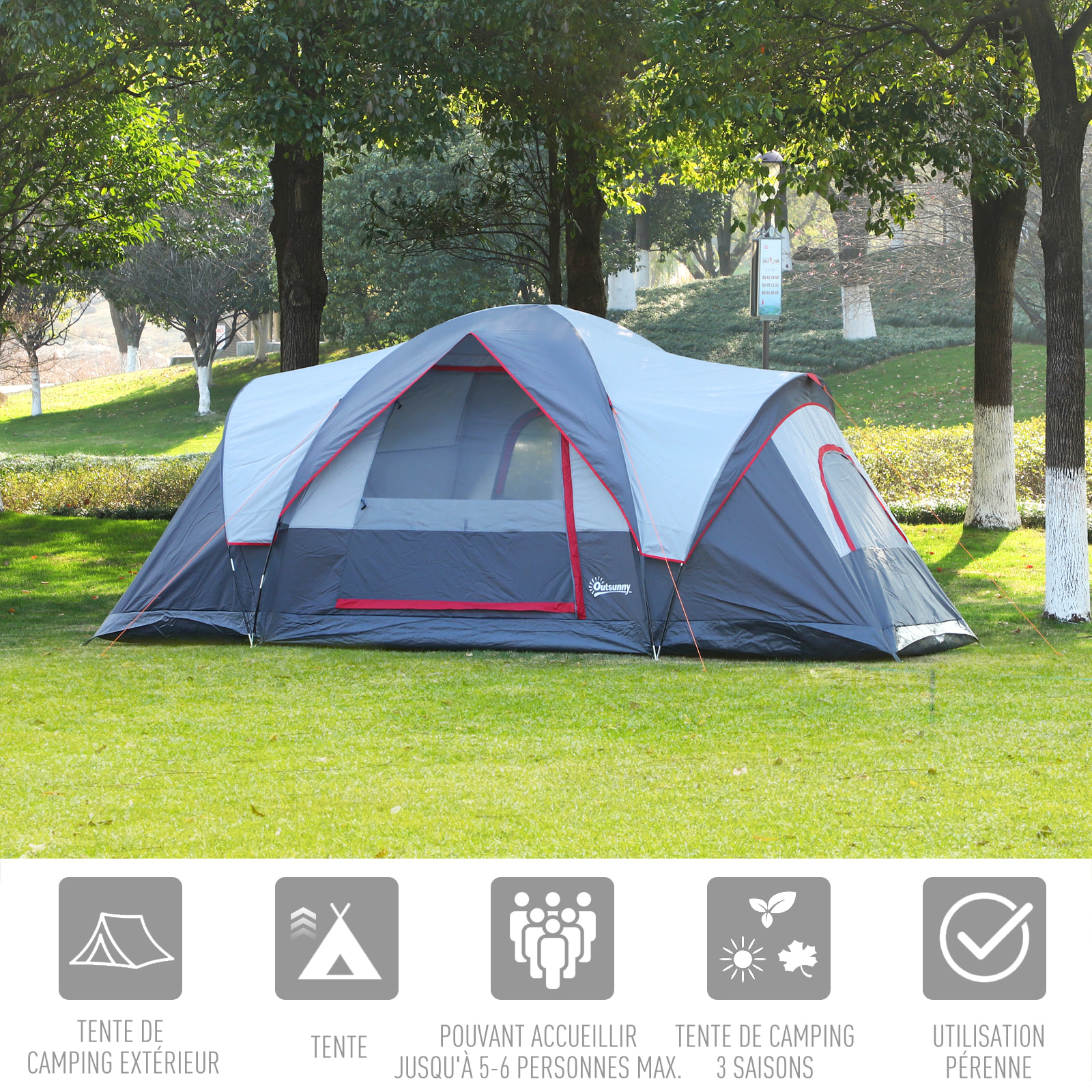 Tente de camping familiale 5-6 pers. - grande porte + 3 fenêtres - fibre verre polyester oxford gris rouge